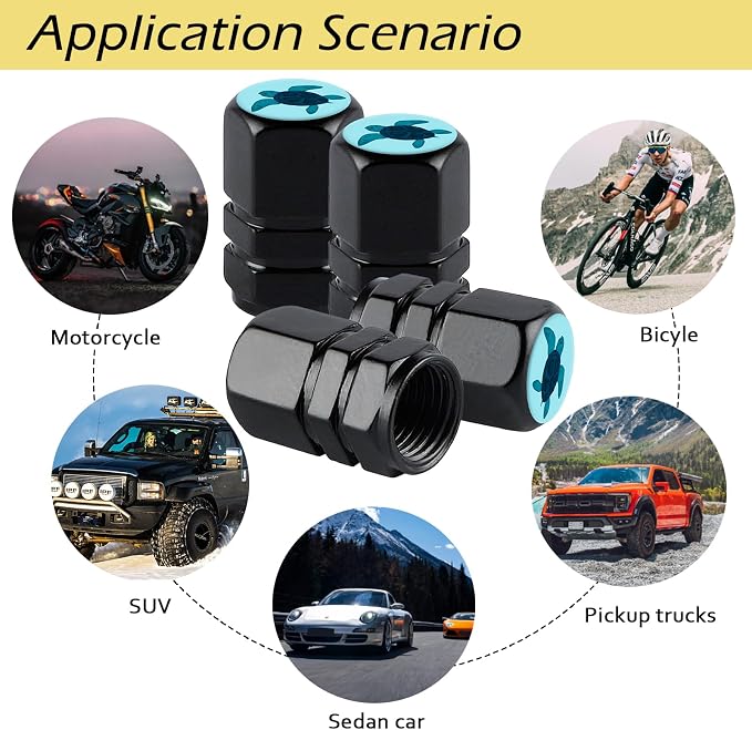 4Pack Turtle Tire Valve Caps Universal Tire Air Cap Valves Stem Covers | Aluminum Alloy Rust-Proof Valve Stem Caps, for Auto SUV Truck Motorcycle Bicycle, Turtle Gifts Decor for Women Men Drivers