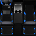 10 Pcs Car Floor Mats Full Set & Sport Leather Steering Wheel Cover 14.5-15 inch, Center Console Cover, Seat Belt Cushion, Cup Holder Coaster, Universal Automobile Interior Sets (Blue)