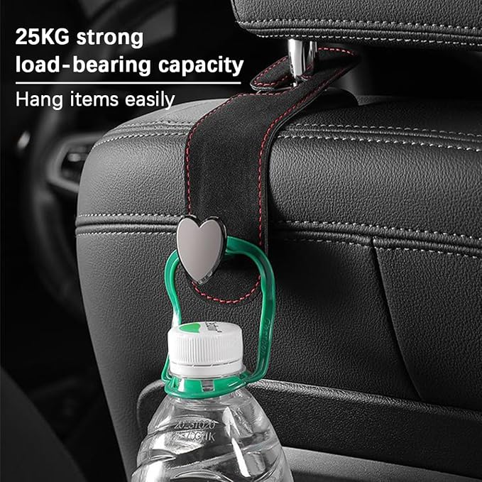 2PCS Car Seat Headrest Hook, Suede Leather Heart Hanger, Black | 1.77x6.42 Inch, Universal fit, most Sedans/SUVs/Trucks, alloy core, half-open mount, interior accessories