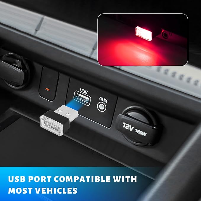 4 PCS USB LED Car Atmosphere Lamp, Mini Night LED Vehicle Trunk Ambient Lighting Kit, Portable Plug-in USB Interface Vehicle Decor Atmosphere Lamp, Interior Car Accessories (Red)
