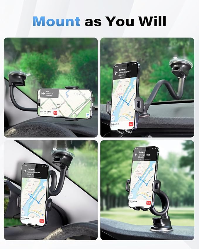 Solid Car Truck Phone Mount Holder with 14-Inch Gooseneck Long Arm, Windshield Window Mobile Holders w/Industrial-Strength Suction Cup, Anti-Shake Stabilizer Compatible All Cell Phones, Black