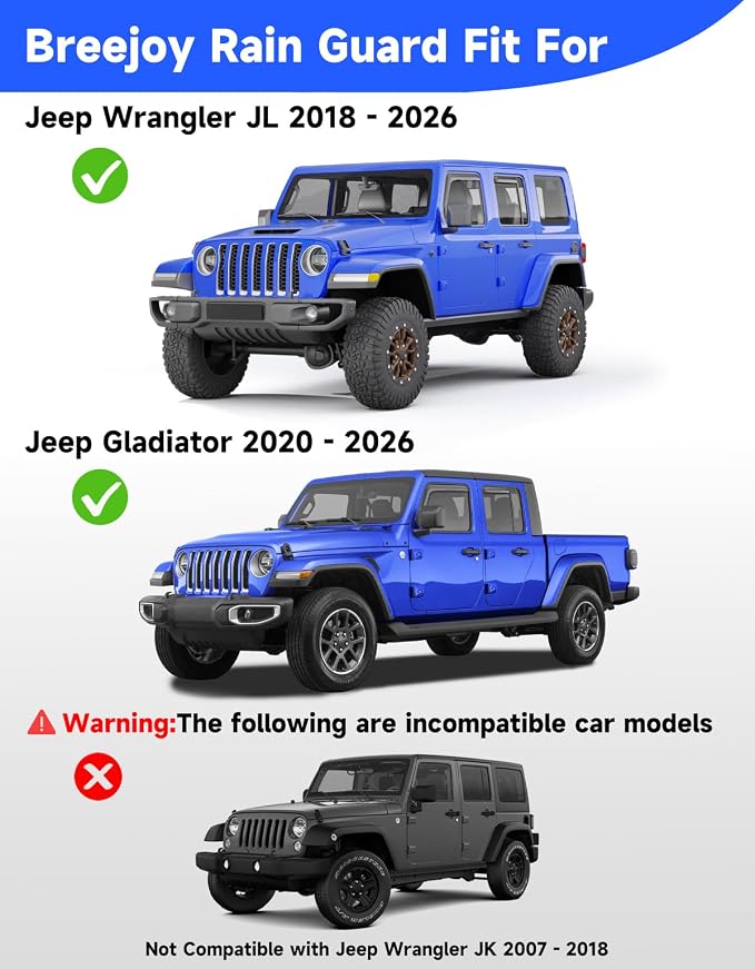 in-Channel Window Rain Guards Fit for 2018-2026 Jeep Wrangler JL & 2020-2026 Jeep Gladiator, Window Visors Window Deflectors Vent Visors Vent Shades Car Accessories -4 pcs
