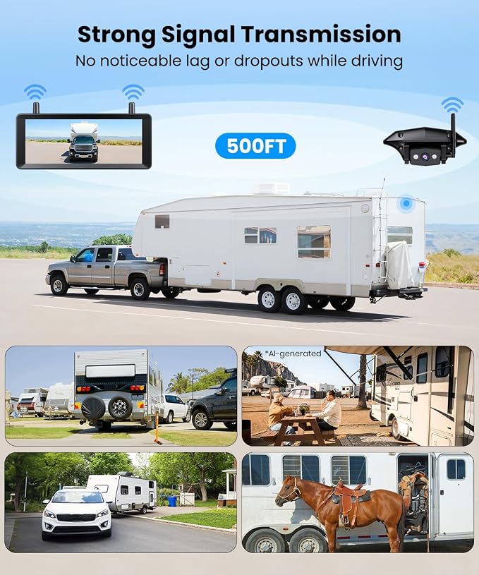 RV Backup Camera Wireless Plug and Play Compatible with Most RV | IR Night Vision, HD 1080P 7.2'' DVR 3-Channels, Stable Signal & Wide Angle Rear View Camera for Trailer Camper Motorhome