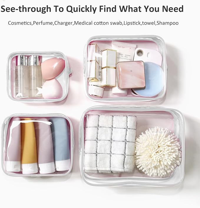 4 Pack Clear Makeup Bags, TSA Approved Toiletry Bag Car Organizer Travel Cosmetic Case Portable Travel Essentials Bags for Toiletries Clear Summer Beach Bag Carry on Airport Airline Compliant Bag
