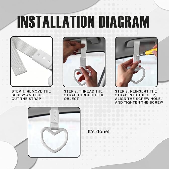 2PCS Heart Shaped Car Handle Straps, Rear Bumper Warning Keychain Ring for Car Exterior Accessories (White-Silver)
