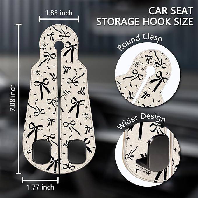 2PCS Car Hooks for Purses Bags, Cute Black Ribbon Bow Seat Back Storage Headrest Holder Hanger PU Leather Double Metal Backseat Organizer, Women Car Accessories Organization