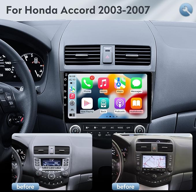 8 Core 4+32G Car Radio Stereo for Honda Accord 7th 2003 2004 2005 2006 2007: 10 inch with CarPlay Android Auto 5G WiFi Bluetooth GPS SWC Mirror Link Split-Screen DSP FM/RDS