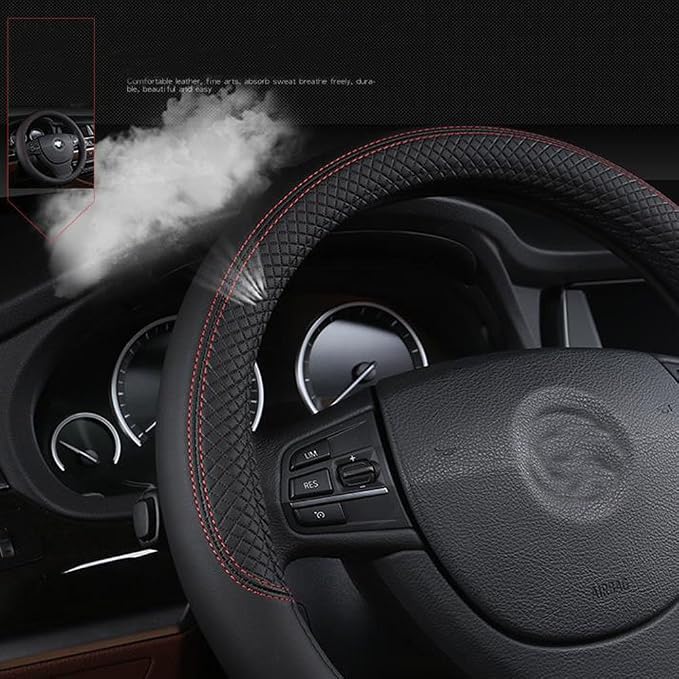 Car Steering Wheel Cover, Leather, Universal 15 Inch Fit, Anti-Slip & Odor-Free (Black)