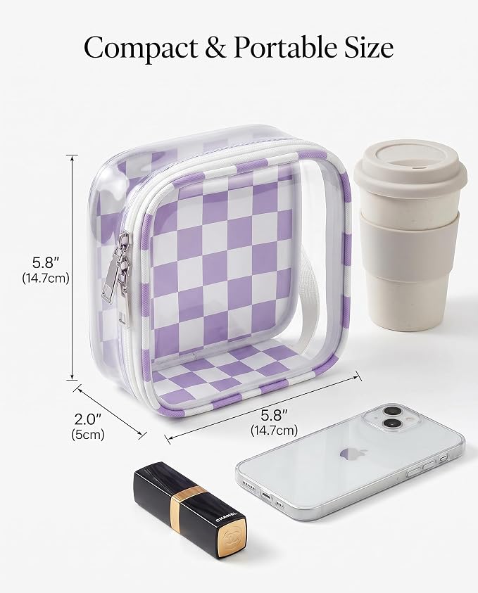 Preppy Cute Makeup Bag Travel Cosmetic Case Transparent Purple and Beige Checkered Toiletry Bag with Strap,Portable Make Up Organizer Traveling Compact Car Accessories for Girls