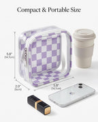 Preppy Cute Makeup Bag Travel Cosmetic Case Transparent Purple and Beige Checkered Toiletry Bag with Strap,Portable Make Up Organizer Traveling Compact Car Accessories for Girls