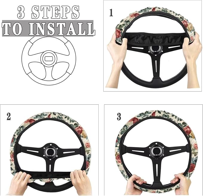 Car Steering Wheel Cover Retro Rose Red Yellow Pattern Easy to Install Car Wheel Cover Protector Car Decoration Steering Wheels Accessories for Van Car SUV Truck