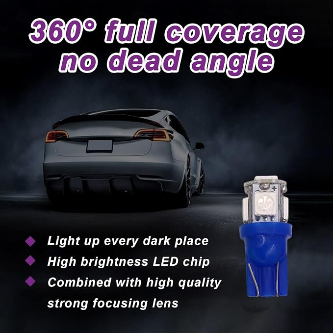 10 PCS Car Interior LED Light Bulb, T10 5050 5SMD LED Car Bulb Kit, Super Bright Automotive Led Replacement Bulbs for Dashboard Dome Map Door Courtesy License Plate Lights (Blue)