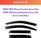 KPY Rain Guards Fit for 2005-2021 Nissan Frontier Crew Cab, Out-Channel Window Visors Vent Wind Deflectors 4PC, Truck Accessories for 2009-2013 Suzuki Equator Crew Cab (Full-Size Cabs)