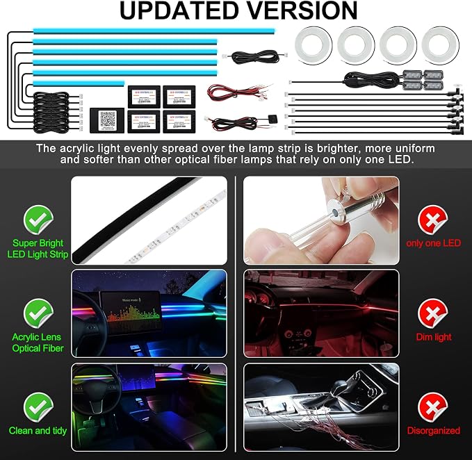 Acrylic Interior Car LED Strip Light with Wireless APP, RGB 22 in 1 with 175 inches 593 LEDs Fiber Optic Ambient Lighting Kits, 16 Million Colors Sound Active Function Car Neon Lights