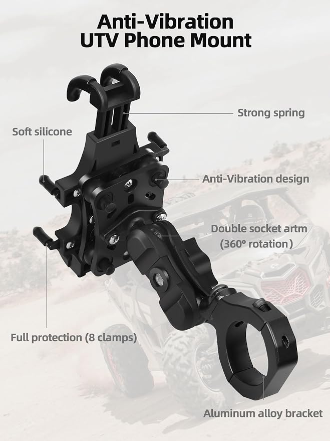 ZIDIYORUO Anti-Shake UTV Phone Mount Holder with Vibration Dampener | Heavy Duty Aluminum SXS Cell Phone Holder Fit for 1.75"-2" Roll Cage, Adjustable & Full Protection, Holds 4.7"-7.1" Phones