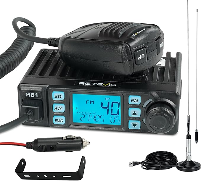 MB1 CB Radio Kit, Noise Cancellation AM/FM Mini CB Radio with Antenna, 12V/24V Cigarette Lighter Plug, 7-Color Screen, Emergency Channel 9/19, VOX, Auto-Scan, for Truckers