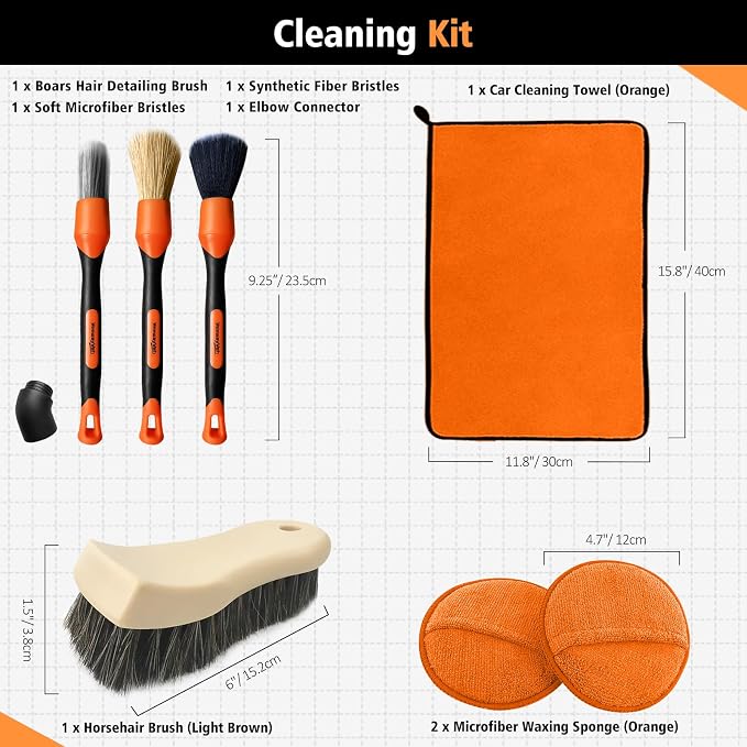 7PCS Car Interior Detailing Kit, Horse Hair Car Leather Brush, Applicator Pads and Microfiber Cloth for Car Interior & Seats Leather, Interior Car Cleaning Kit, Orange