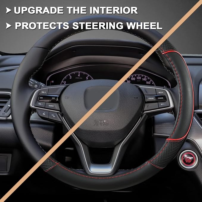 Microfiber Leather Steering Wheel Cover for Honda Accord,Civic,CR-V,HR-V,Pilot(Diamond-Pattern-Black+Red Line-Standard Size)
