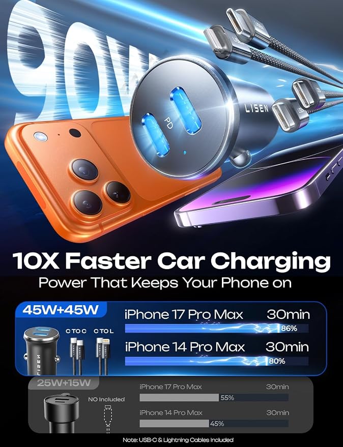 90W Car Charger USB C Fast Charge, USB C Car Charger Fast Charge, Type C Car Charger for iPhone 17 Pro Max 16 15 14 13 12 11, for Samsung S26 S25 S24 [with Lighning & USB-C Cable]