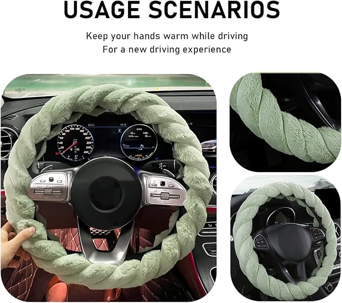 Fluffy Car Steering Wheel Cover, 15 Inches Anti-Slip Round Fuzzy Winter Steering Wheel Protector, Soft Warm Plush Steering Wheel Cover for Women Girls, Car Accessories (Green, Round)