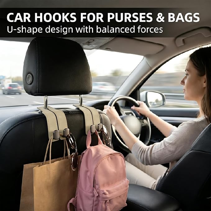Car Seat Headrest Storage Hooks - 2 Pack Dual Hangers Design Organization Accessories, Car Interior Gadgets to Add Extra Holder and Hook for Purses,Bags,Coat and Handbag