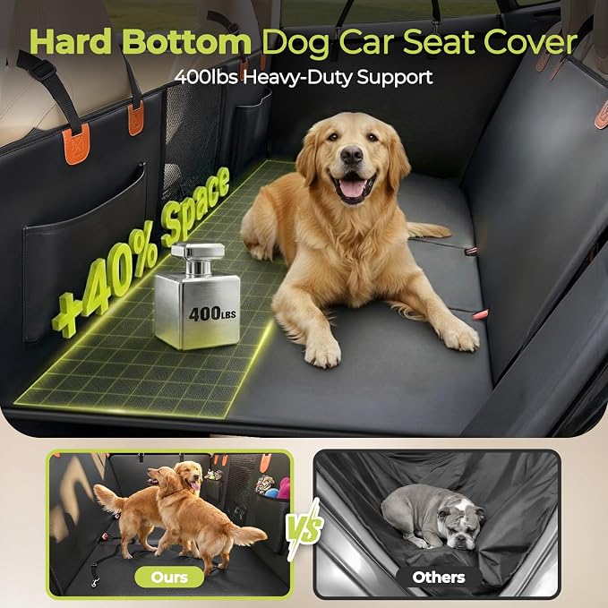 Back Seat Extender for Dogs, Hard Bottom Dog Car Seat Cover for Back Seat, Upgraded Waterproof PU Leather, Easy to Clean, Anti-Scratch & Durable Dog Hammock for Car and SUV, Holds 400lbs, Black
