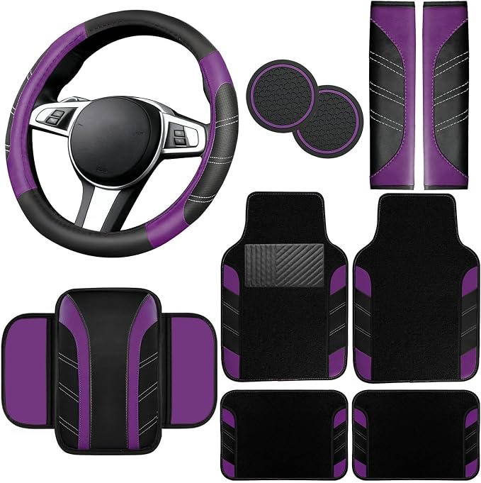 10 Pcs Car Floor Mats Full Set & Sport Leather Steering Wheel Cover 14.5-15 inch, Center Console Cover, Seat Belt Cushion, Cup Holder Coaster, Universal Automobile Interior Sets (Purple)