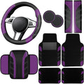 10 Pcs Car Floor Mats Full Set & Sport Leather Steering Wheel Cover 14.5-15 inch, Center Console Cover, Seat Belt Cushion, Cup Holder Coaster, Universal Automobile Interior Sets (Purple)