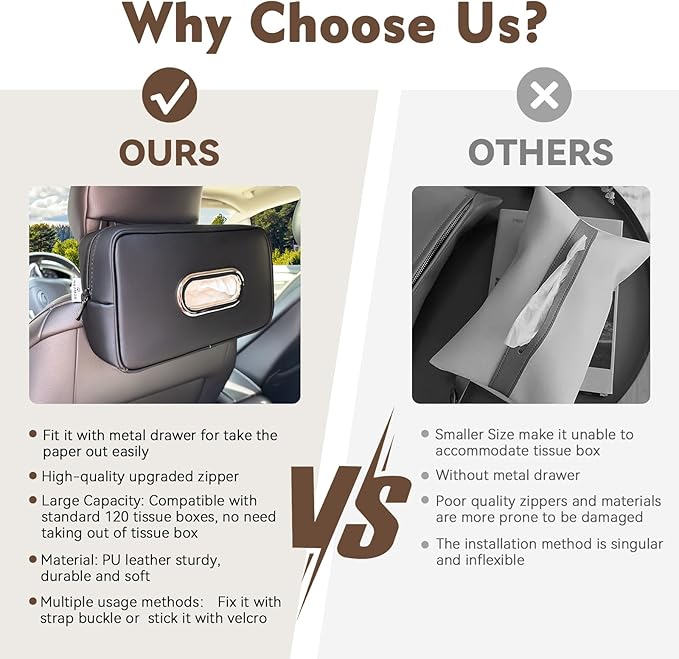 Upgraded Large Car Tissue Holder Premium PU Leather Tissues Box Cover Backseat Rectangular Napkin Holder for Car Fits for 120 Standard Kleenex Tissues Box for Car Organization Accessories Black