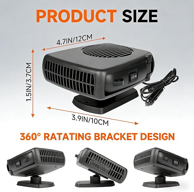 Car Heater, 12V 200W Car Heater Portable（ Plugs into Cigarette Lighter）, Portable Heater for Car, 360° Rotatable Car Defroster Windshield Heater