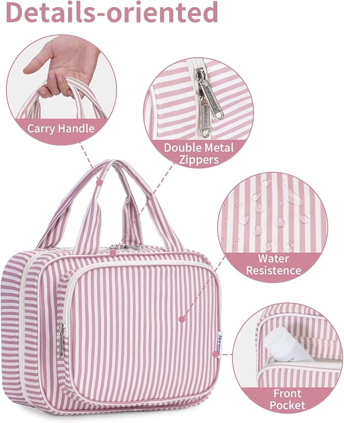 Striped Hanging Toiletry Bag for Women Travel Makeup Bag Organizer Toiletries Bag for Travel Size Essentials Accessories Cosmetics (Dusty Pink Stripe (Medium))