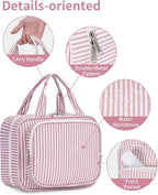 Striped Hanging Toiletry Bag for Women Travel Makeup Bag Organizer Toiletries Bag for Travel Size Essentials Accessories Cosmetics (Dusty Pink Stripe (Medium))