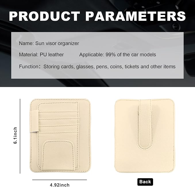 Small Leather Car Sun Visor Organizer, Multifunctional Auto Visor Document Holder with Sunglasses Clip, Universal Car Interior Organizer for Drving License, Card, Pen (Beige)