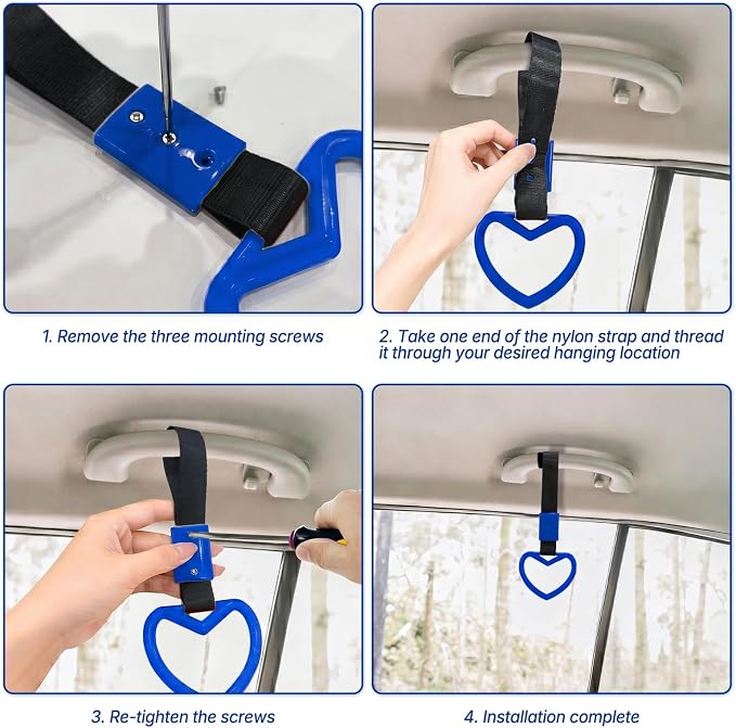 2 Pcs Heart Shaped Car Handle Strap – JD M Drift Charm Rear Bumper Warning Ring Decor for Car Interior Exterior, Subway Bus Handle Accessory, Cute Heart Car Decor Gift for Drivers (Blue)