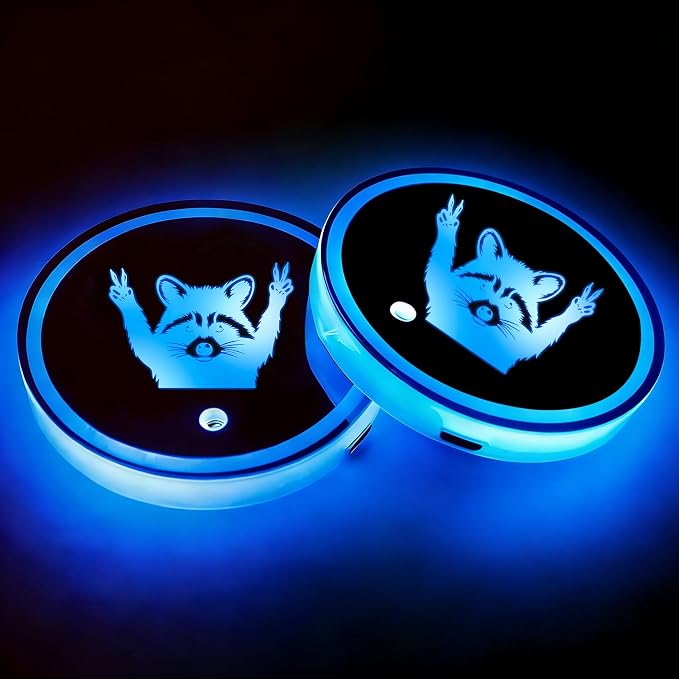 2Pcs Raccoon LED Car Cup Holder Coasters 7 Colors 3 Modes Lights Up Cups | with USB of Car Accessories for SUV Trucks Sedans, Waterproof Interior Atmosphere Lamp, Raccoon Gifts for Women Men