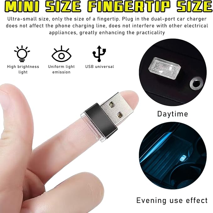 4 PCS USB LED Car Interior Atmosphere Lamp, Plug-in USB Decor Night Light, Portable Auto Ambient Lighting Kit, Universal Vehicle Interior Accessories for Most Cars (2 Red+2 Ice Blue)
