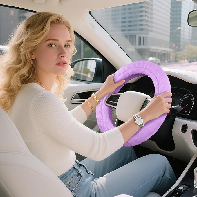 Steering Wheel Cover, Fluffy Car Wheel Covers for Women/Girls/Ladies，Soft Wool Fur Steering Wheel Protector, Universal 14 1/2 inches to 15 inches - Purple