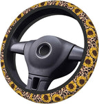 Elastic Car Steering Wheel Cover,Yellow Sunflowers Leopard Print Protector Upgrade Thicken,Anti Slip Soft Car Interior Decor for Diverse Cars Truck SUV for Men Women Universal 15 Inch