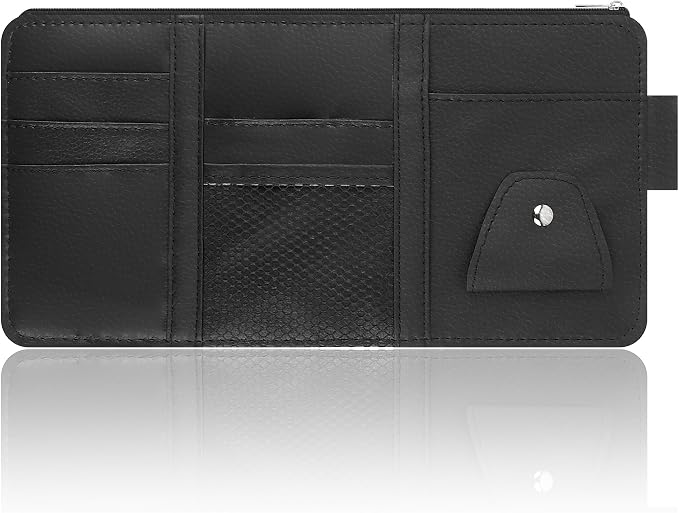 Car Visor Organizer with Sunglass Holder,Multi-Functional Car Sun Visor Organizer with Zipper for Cards,Money,Tickets,Leather Interior Accessories (Black)