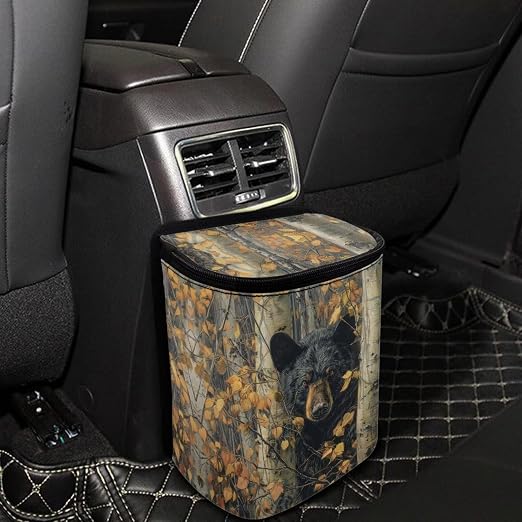 Bear Hunting Camo Print Car Trash Can with Lid, Leak Proof Auto Trash Bag Hanging Vehicle Garbage Can Multipurpose Storage Container for Back Seat Road Trip