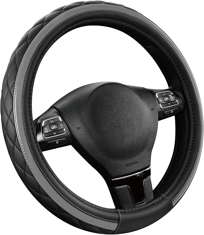 Leather Steering Wheel Cover – Black & Gray, Universal Fit 14.5-15 Inch, Microfiber Leather, Anti-Slip & Breathable Design for Men and Women