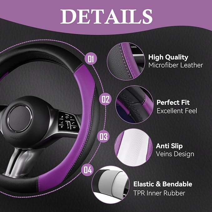Faux Leather Steering Wheel Cover and Waterproof Car Floor Mats,Universal Car Combo Fit for 95% Sedan,SUV,Cars,14.5-15inch Sporty Anti-Slip Safety Comfortable Design(Black＆Purple)