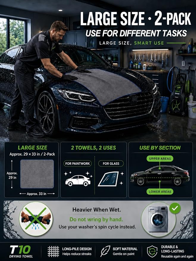 2-Pack Twist Pile Microfiber Towels for Cars XL Gray 29 x 33 in | Auto Detailing, Paint Safe, Ultra Absorbent, Lint-Free, Cars, SUVs & Trucks