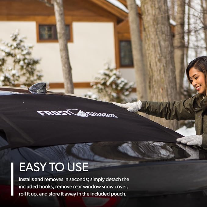 Rear Windshield Cover for Ice and Snow, for Sedans - Rear Window Cover to Reduce Scraping, with Elastic to Conform to Vehicle's Shape - Secure Hooks for A Tight Fit - Black, 50 x 32 Inches