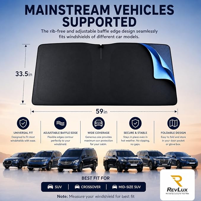 [2026 Upgrade] RevLux Car Windshield Sun Shade | Keeps Car Cooler, Sun & Heat Protection | Double Thickened Ice-Core Cooling Fabric | Zero Light Leakage | Foldable Sunshade (SUV/Truck - 59"x33")