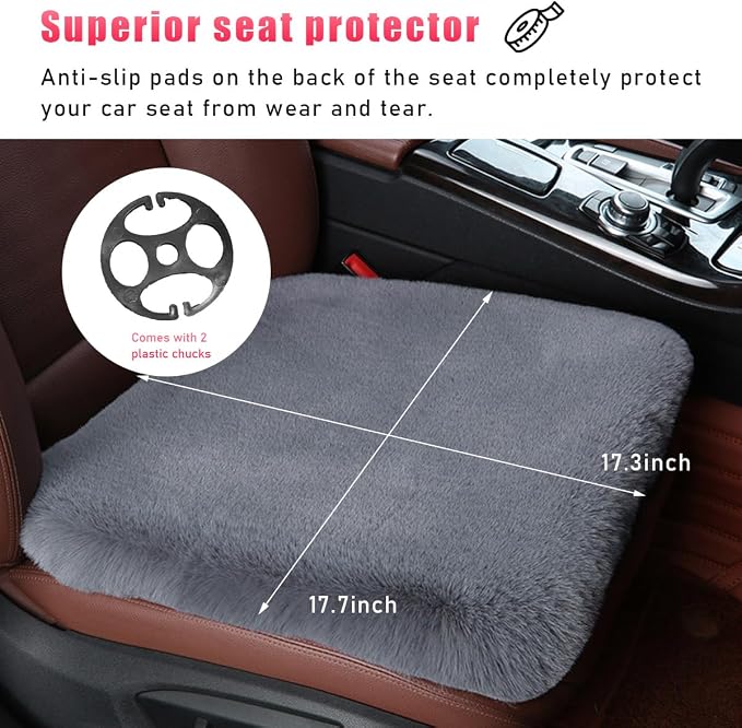 Sheepskin Car Seat Cushion, Comfortable Soft Fur Wool Auto Front Seat Cover, Vehicle Seat Protector Pad for Warm Winter Office Chair, Universal Decor Car Accessories (Gray)