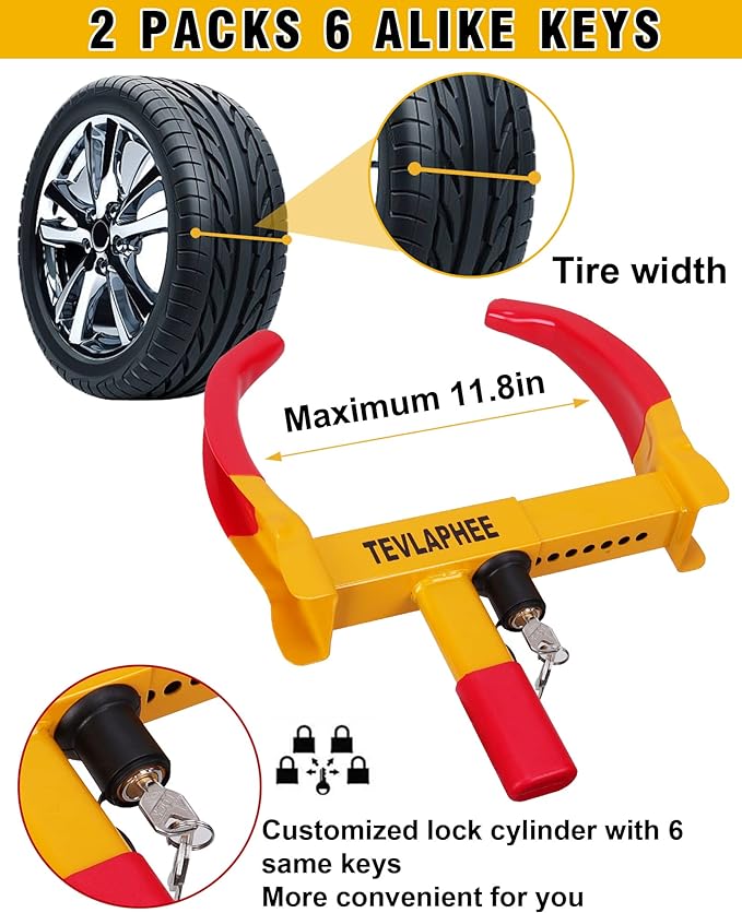 Wheel Lock Set,Trailer Security Adjustable Anti Theft Trailer Wheel Lock for Car Camper Trailers SUV Boat Motorcycle Great Deterrent 2 Packs 6 Alike Keys