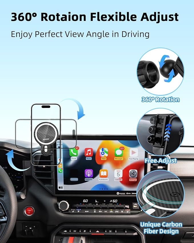 PZK Car Phone Mount for Toyota Tundra 2022-2026 /Sequoia 2023-2026 | 3rd Gen Tudnra Accessories 14-Inch Screen Magnetic 15W Fast Wireless Charger Phone Holder Magsafe 360° Rotation Stand