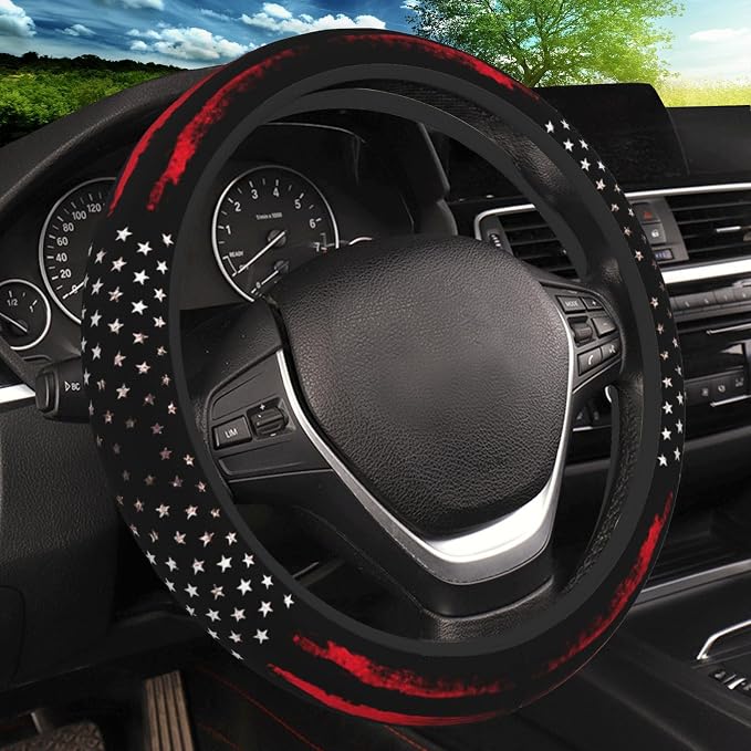 Red Black American Flag Elastic Steering Wheel Cover, Non-Slip Breathable Neoprene Steering Wheel Covers, Men Car Accessories, Universal 15 Inch Fit Auto, Suvs, Truck