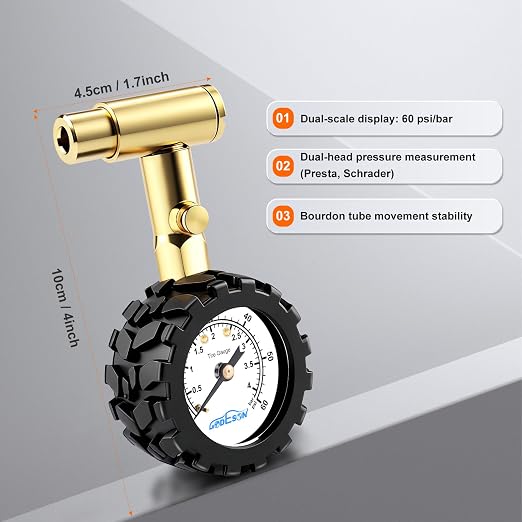 Bike Tire Pressure Gauge - Dual Head for Schrader & Presta Valves,0-60 PSI / 4 BAR Range, 1.5-Inch Dial with Gear Protection Sleeve - Suitable for MTB, Road, E-Bikes and Motobike